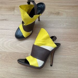 Yellow and Brown Leather High Heel Sandals